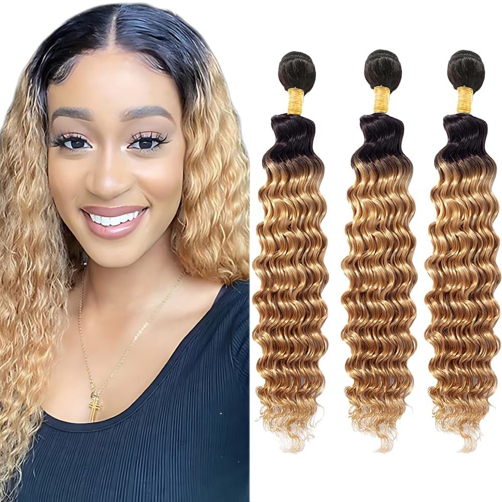 1b/27 Bundles Human Hair Ombre Blonde Deep Wave Bundles Mixed Length 10 12 14 Inch Double Weft Unprocessed Brazilian Virgin Hair Two Tone Black to Blonde