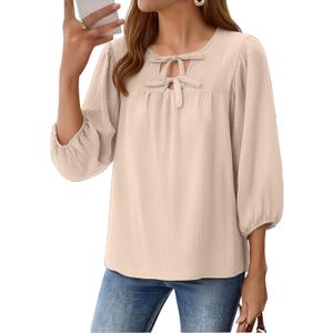 Womens Tops 3/4 Puff Sleeve Bow Tie Front Spring Easter Shirts Dressy Casual Elegant Flowy Loose Babydoll Blouses