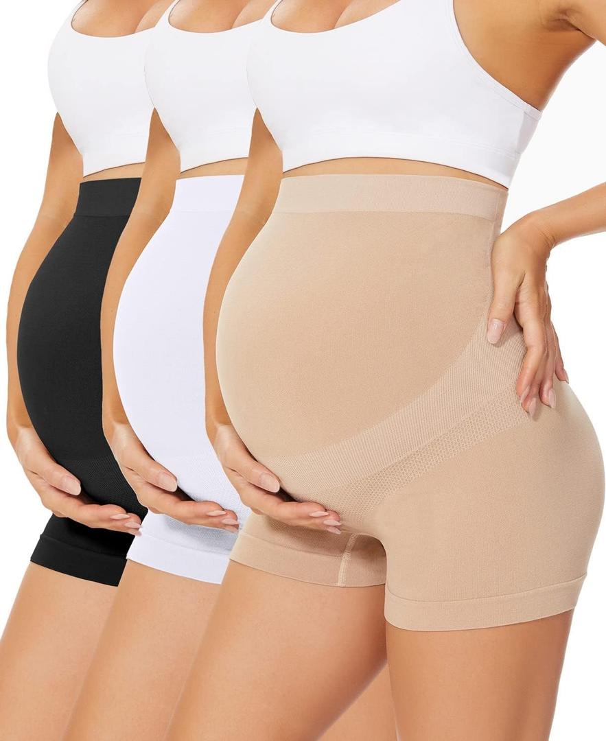 Womens Seamless Maternity Boyshort Underwear Over Bump, Pregnancy High Waisted Shapewear Panties for Support Belly (X-Large, Black+Nude+White)