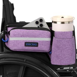 Upgraded Wheelchair Side Bag with Cup Holder, Wheelchair Armrest Pouch for Walker, Wheelchair Accessories Storage Bag- Purple