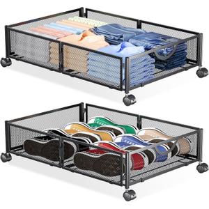 Yecaye Under Bed Storage with Wheels, 2 Pack Under Bed Shoe Storage Organizer Drawer, Tool-free Assembly Metal Underbed Storage Containers for Clothes, Shoes, Black