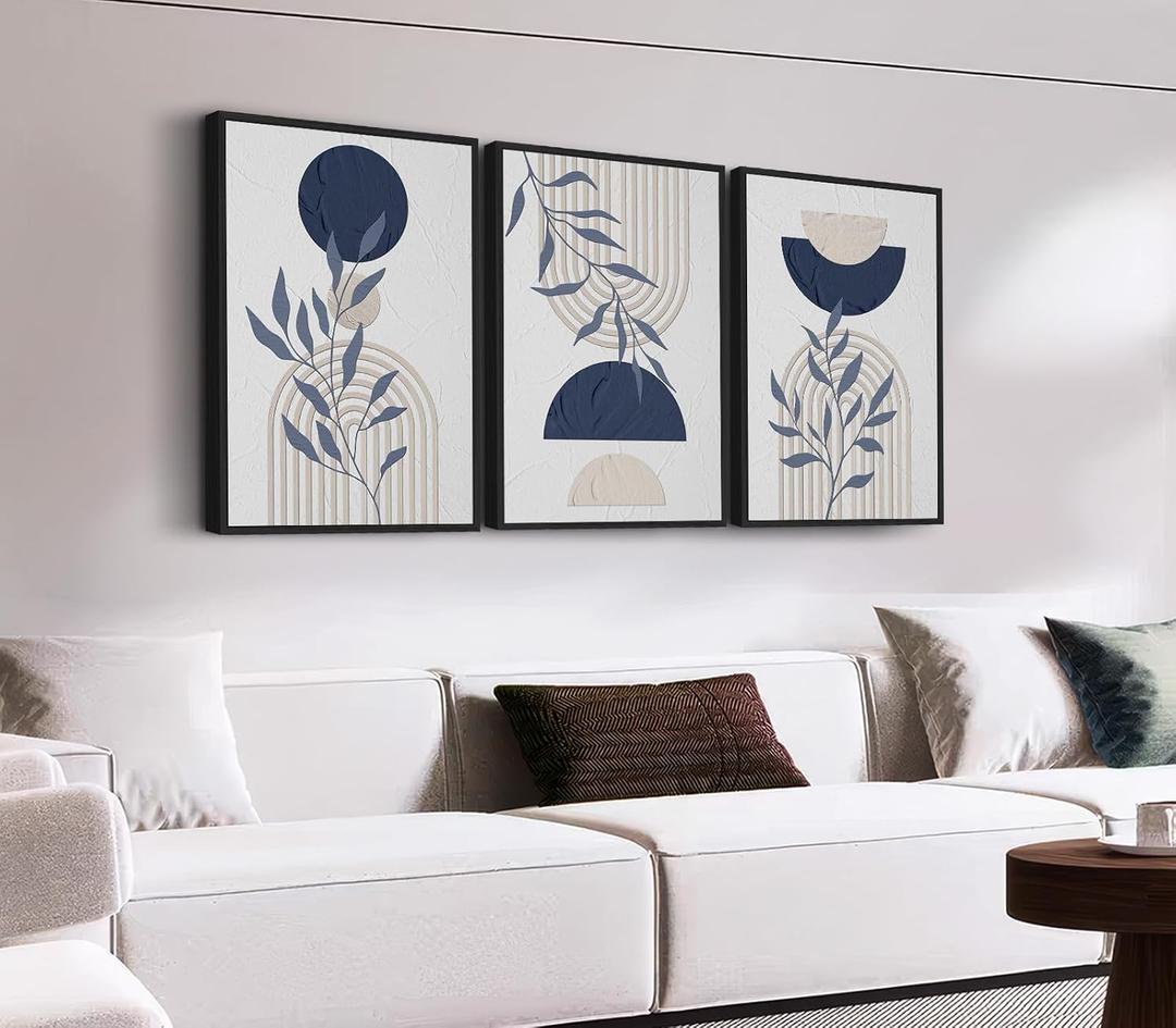 Large Framed Boho Wall Art, Mid Century Botanical Line Art, 16"x24"x3 | Blue Gray Abstract Canvas Prints, Modern Minimalist Geometric Pictures for Living Room Bedroom Kitchen Office Decor