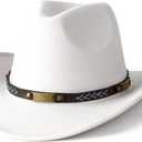 Men Women Western Cowboy Hat Classic Roll Up Cowgirl Hats with Buckle Belt (White)