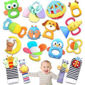 AZEN 16 Pack Baby Rattles Teething Toys 3-6 Months, Baby Toys 0-6 Months, Newborn Infant Toys 6-12 Months, Essentials Must Haves Wrist Socks Toddler Stocking Stuffers Christmas Gifts