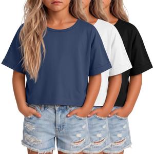3 Pack Girl's Crop Tops Oversized Short Sleeve T-Shirts Loose Crewneck Workout Shirts Casual Boxy Rolled Sleeve Tees (White, M  11-12Y)