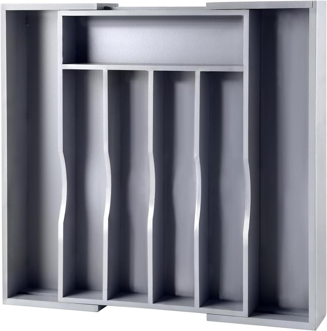 Expandable Bamboo Kitchen Drawer Organizer for Cutlery and Utensils, Adjustable Bamboo Wood Cutlery Tray in Drawer for Flatware and Silverware in Kitchen, (Grey) (7 Slots Expandable, Grey)