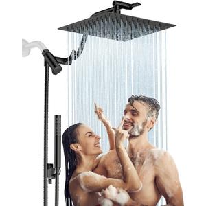 HOPOPRO 10 All Metal Rainfall Shower Head Combo with Handheld Spray, High Pressure Showerhead Combination, Adjustable Dual Showerheads with Extension Arm, Full-Body Coverage Shower Experience, Black
