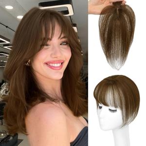 Hair Toppers for Women Real Human Hair-3603D Topper with Bangs for Thinning Hair Clip in Bangs with Upgraded Silk Base Perfect for Daily Wear,46 Brown