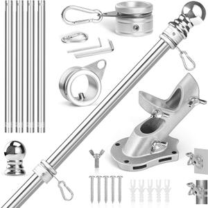 Anovo Flag Pole Kit- Stainless Steel 5 FT Flag Poles with1 Inch Metal 360 Rotating Flag Pole Rings Clip, Two-Position Flag Pole Holder Brackets Mounting for Outside House Outdoor Porch(5 FT - Sliver)