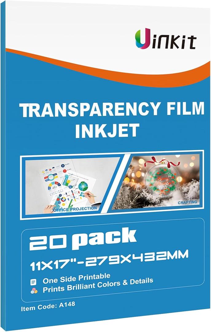 Uinkit 11x17 Transparency Film Inkjet Dye Inks 20 Sheets OHP Overhead Projector Acetate Sheets for Crafts Inkjet Printer Clear Transparent Paper