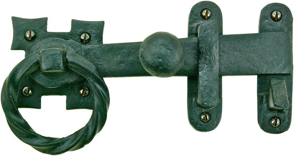 Renovators Supply Manufacturing Black Wrought Iron Ring Pull Gate Latch 7 in Barn Door Fence Gate Lock with Hardware