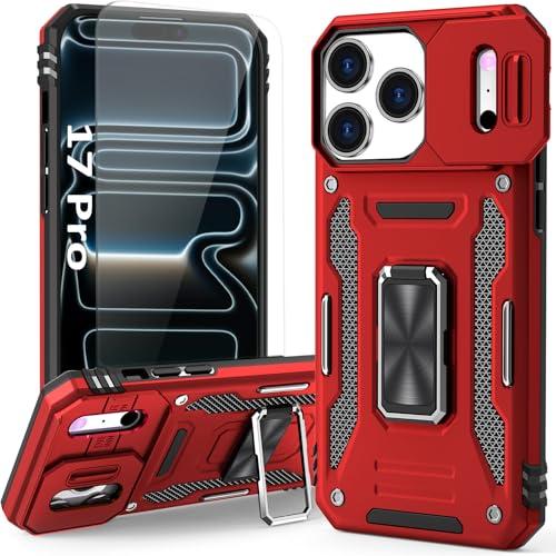 SEFING Phone Case Compatible with iPhone 17 Pro Case with Slide Camera Cover & HD Screen Protector, with Finger Ring Holder Stand, fit Magnet Car Mount, for iPhone 17Pro (Red)