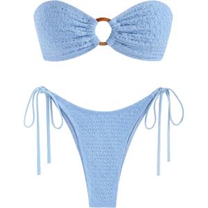 ZAFUL Women's Bandeau Bikini Strapless O Ring Lace Tie Back High Cut Two Piece Swimsuit Bathing Suits (Medium, 2-blue)