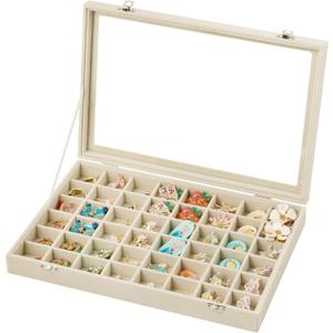 Frebeauty 48 Grid Jewelry Tray,Adjustable Earring Holder Organizer with Glass Lid,Velvet Drawer Jewelry Organizer for Rings,Studs,13.8 x 9.5 x 2 Inches Jewelry Display Box,Gift for Women(Beige)