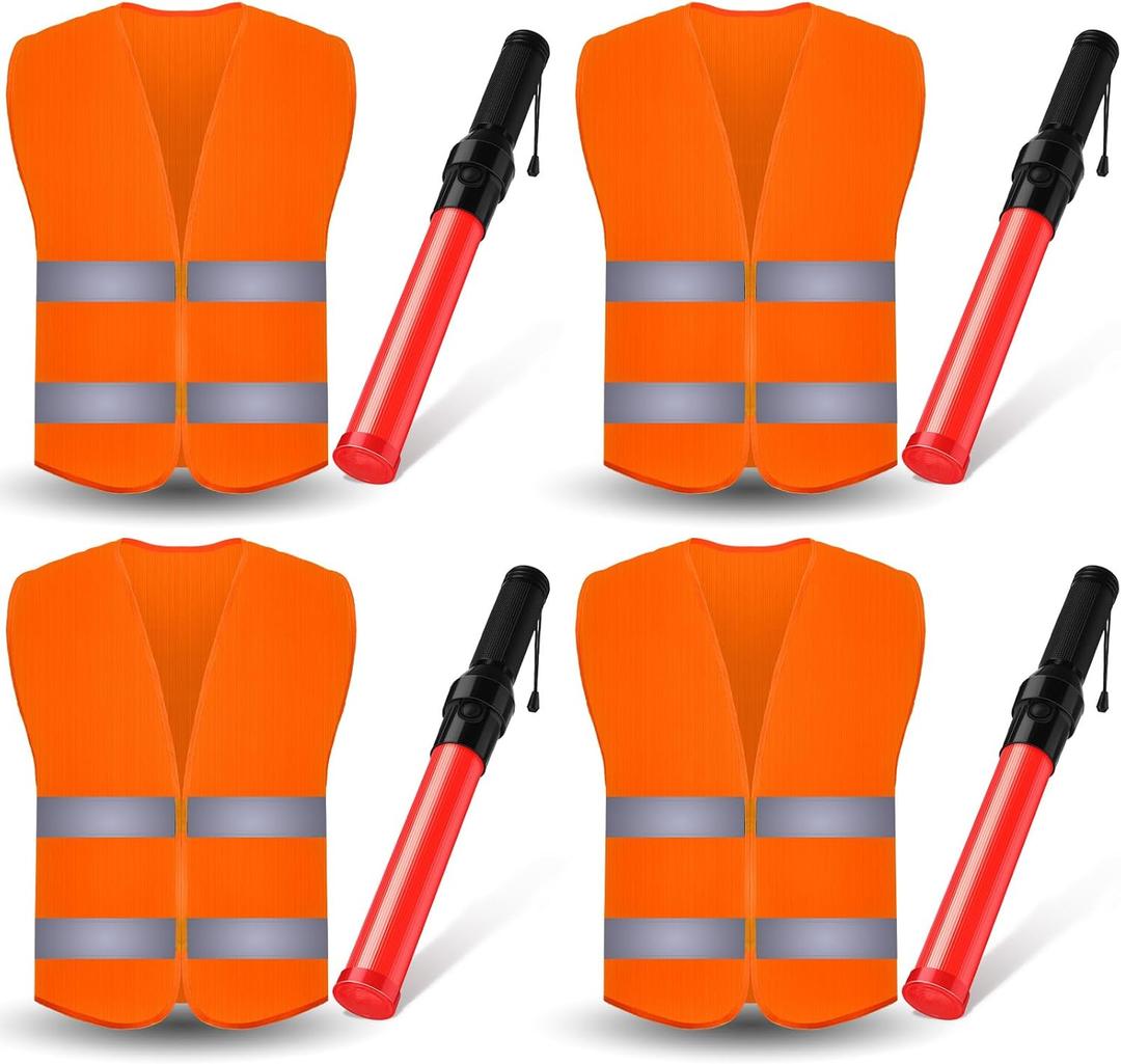 Kanayu 8 Pcs 16 Inch Signal Traffic Wand High Visibility Safety Vest Set Include 4 Reflective Safety Vest 4 Traffic Control Light Security Wands for Airport Parking(Neon Orange)