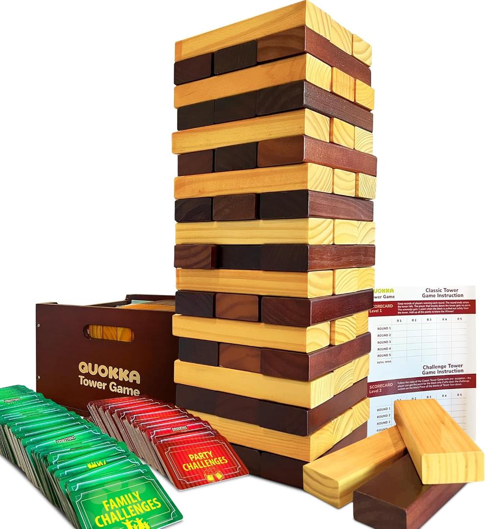 QUOKKA Premier Wooden Tumble Tower Game - Block Stacking Game for Family - 2.8 Ft | 54 Blocks with Fun Challenges | Water Weather Resistant - Big Wooden Game for Yard