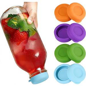 8 Pack Glass Milk Bottle Caps, Reusable Silicone Bottle Covers for 48mm Opening, Leak Proof Milk-Jug-Caps Replacement Compatible with Stanpac Libbey (No Bottles), 4 Colors (Green,Orange,Purple,Blue)