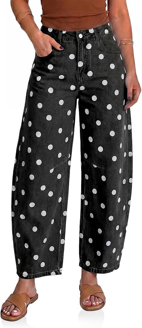 Cicy Bell Womens Polka Dot Barrel Jeans Baggy Wide Leg Denim Pants (Black, 16)