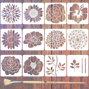 12PCS Large Flower Stencils for Painting on Wood 12 x 12 Inch Giant Wall Stencil with Brushes Large Pattern Floral Stencils Sunflower Paint Stencil for Walls Garden Fence Furniture Fabric