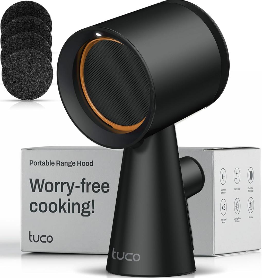 TUCO Portable Range Hood, Countertop Kitchen Exhaust Fan with 3 Speeds, 5-Layer Filter, Powerful Smoke Removal, Low Noise, Oil Cup, Air Purifier for Apartments, Dorms & Indoor BBQ Smokeless – Black