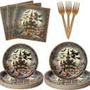 25 Sets Halloween Party Supplies: Disposable Dinner Plates (9in & 7in), Forks, Napkins - Complete Spooky Tableware Set for 25 Guests (Gold)