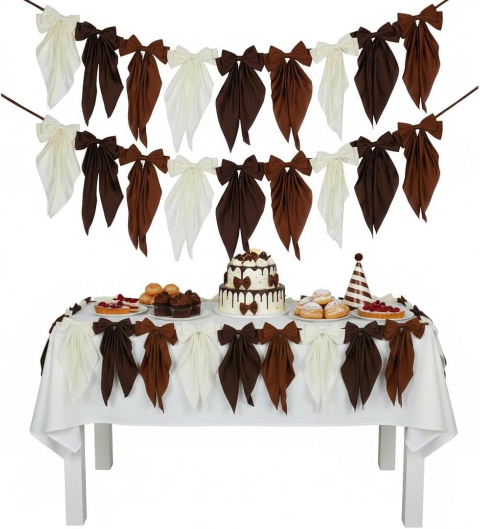 Boao 2 Pcs Brown Bow Garland Banner 6.5ft Pre Strung Satin Ribbon Hanging Garland for First Birthday Decorations Wedding Baby Shower DIY Craft Holiday Winter Decorations