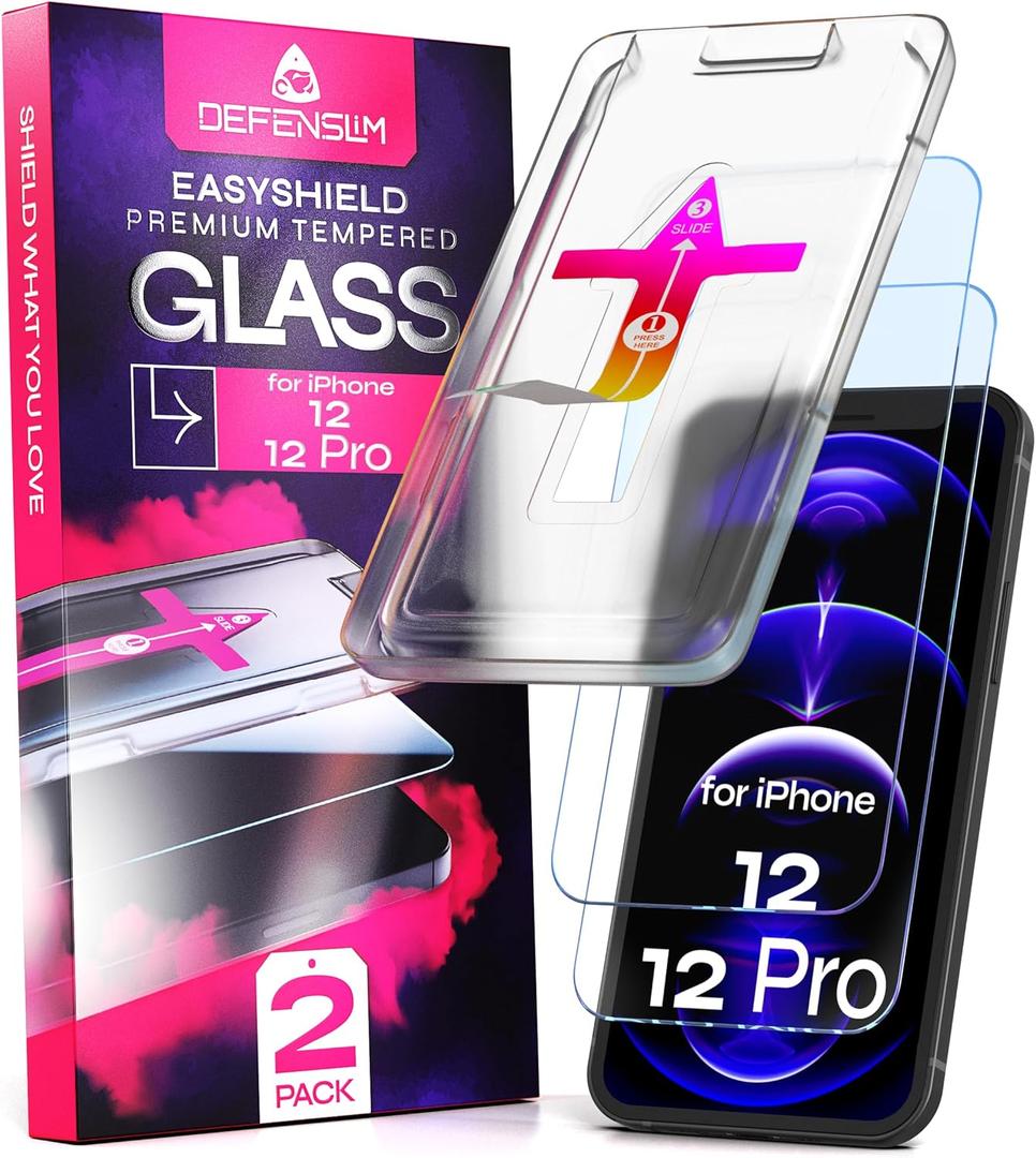 Defenslim Screen Protector for iPhone 12/12 Pro (2Pack), Easy Auto-Align Install Kit, 6.1" Tempered Glass, 9H Hardness, Ultra HD Clear, Case Friendly, EasyShield