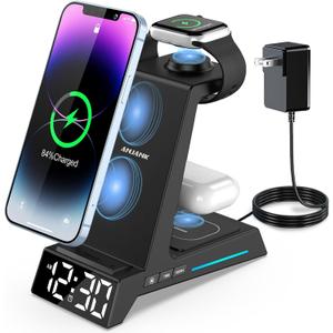Wireless Charging Station - 4 in 1 Wireless Charger with Alarm Clock, Charging Stand Dock for iPhone 16 15 14 13 12 11 X 8, for AirPods 3 Pro, Apple Watch 9/8/7/6/5/SE/4/3/2 (Black)