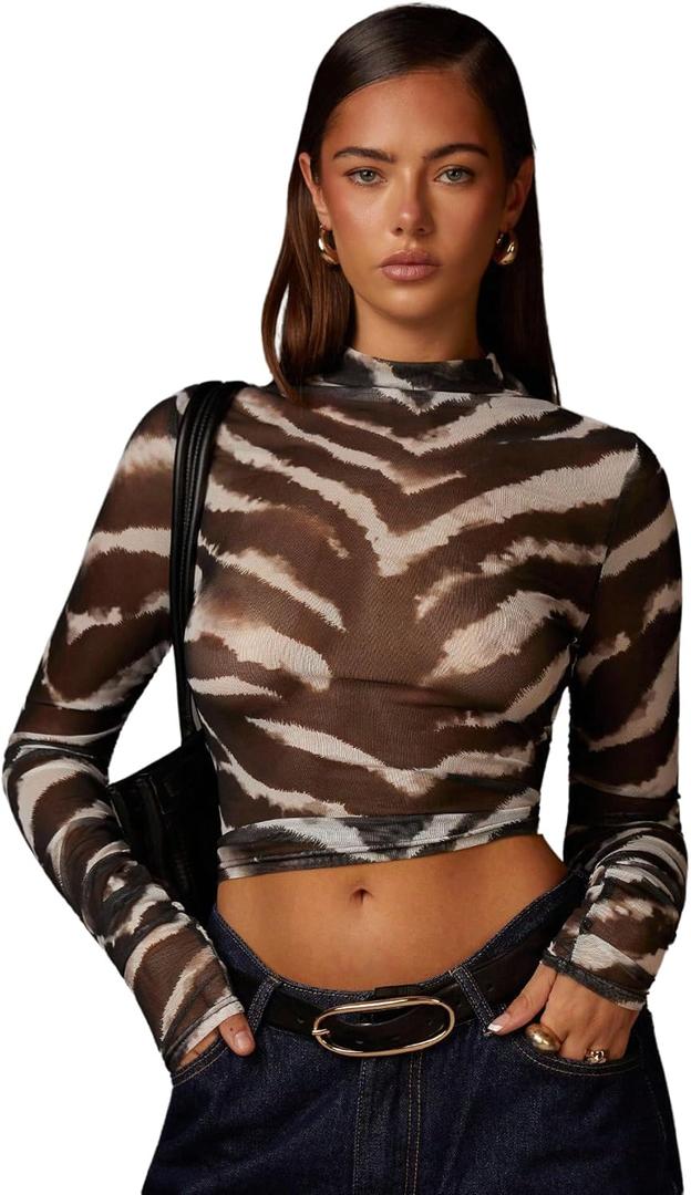 WDIRARA Women's Zebra Print Mesh Sheer T Shirts Mock Neck Long Sleeve Tee Y2k Fitted Crop Tops Army Green Large