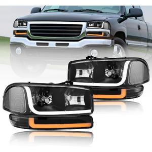 LED DRL Headlights Assembly Compatible with 1999-2007 GMC Sierra/2000-2006 Yukon XL 1500 2500 No Denali Models Replacements Clear Reflector Black Housing