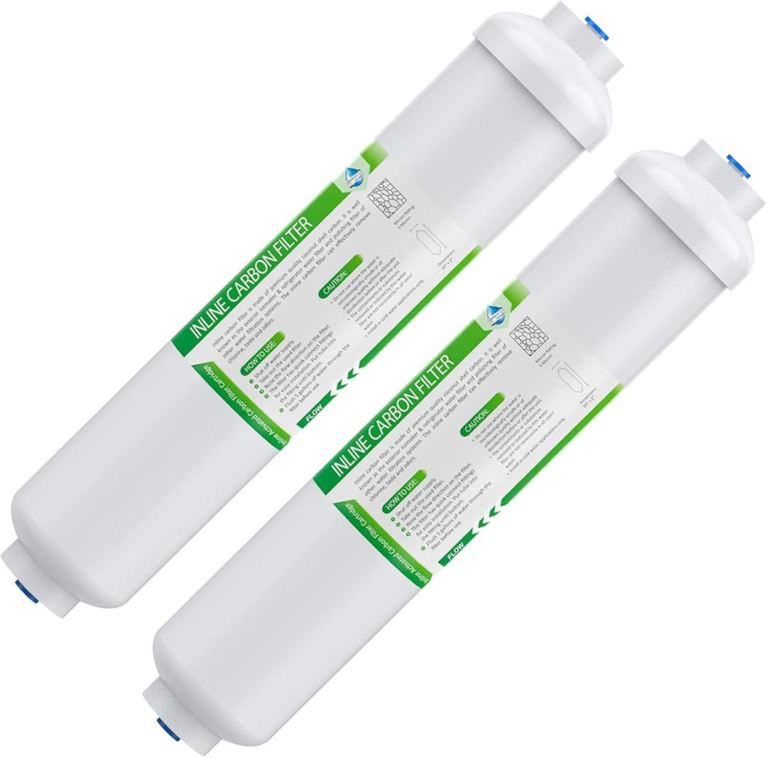 Membrane Solutions T33 Inline Water Filter, 2-Pack 1/4" Quick-Connect Replacement Cartridges for Refrigerator & Ice Maker, Post-Carbon Filter for Reverse Osmosis Systems