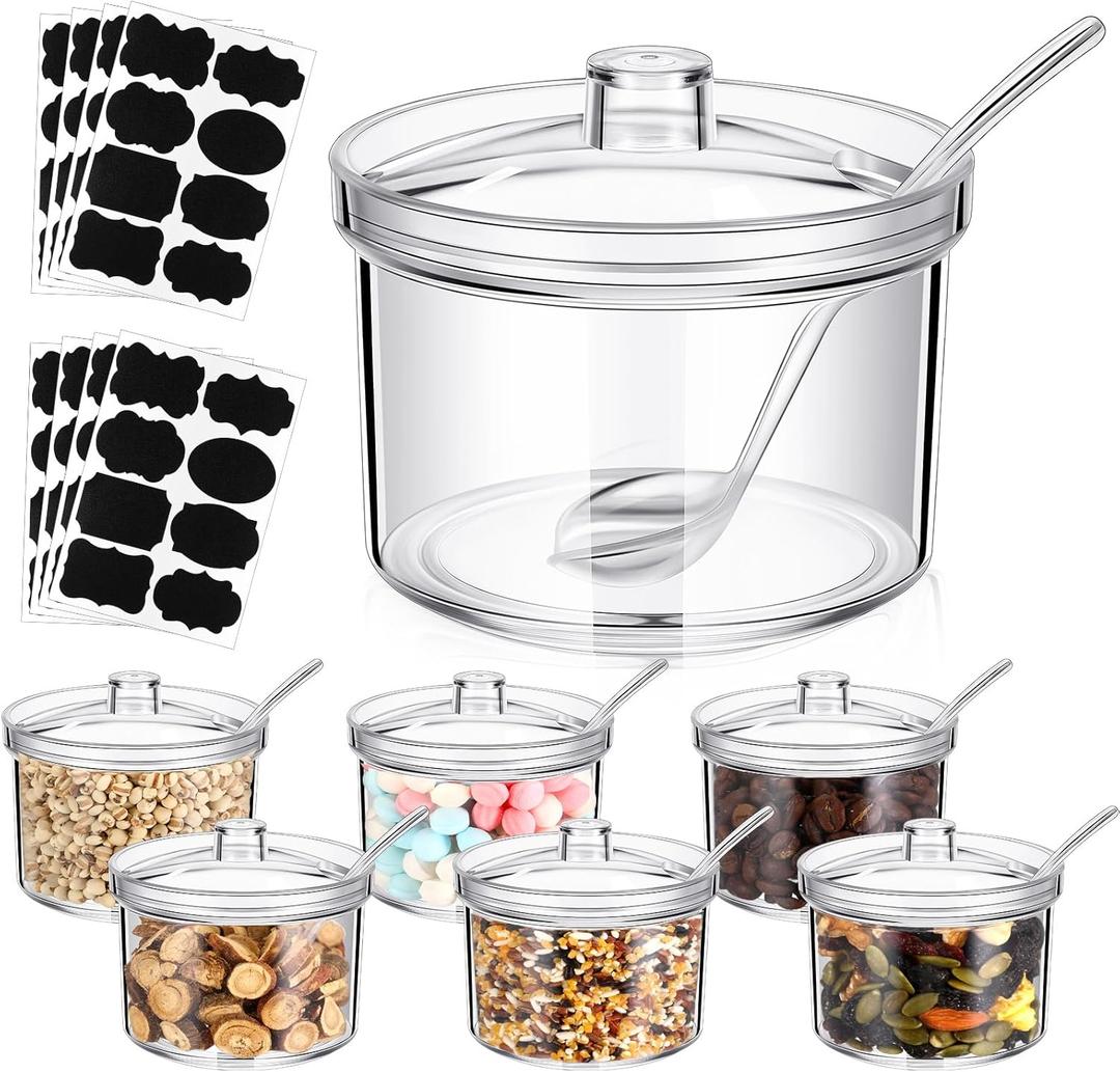 Tioncy 12 Pcs Sugar Bowls with Lid and Spoon Ice Cream Hot Cocoa Chocolate Bar Supplies Acrylic Sugar Jars Candy Dispenser with Tag for Condiment Jars Seasoning Kitchen (13.5 oz,Clear)