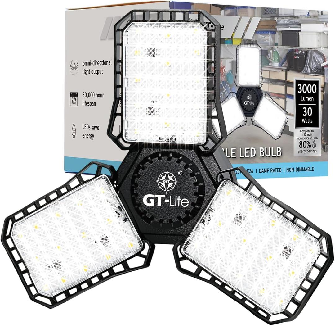 GT-Lite 3000 Lumen LED Garage Light, 300Watt Equivalent, Adjustable 3 Panel Bulb,150 Watt Equivalent, 5000K Daylight, E26
