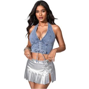 MakeMeChic Women's Denim Corset Top Jean Halter Crop Top Lace Up Y2K Vest Top (Blue, L)