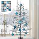 36 Inch Tinsel Christmas Tree, 3 FT Silver Christmas Tree with 42 Pcs Vintage Decorative Balls, Mid-Century Modern Aluminum Xmas Decoration for Home Office Xmas Party Decor