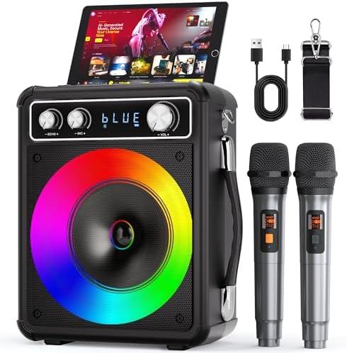 VOSOCO Karaoke Machine, Portable Bluetooth Karaoke Speaker with 2 Wireless Microphones, PA System for Adults Kids with LED Lights & Echo Adjustment, Supports TWS/TF/USB/AUX for Home Party