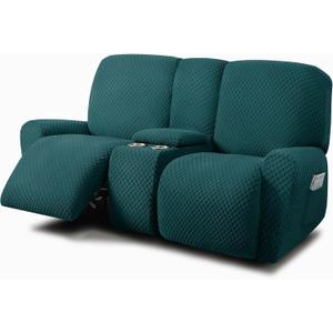 ULTICOR Reclining Love Seat with Middle Console Slipcover, 8-Piece Jacquared Stretch Loveseat Reclining Sofa Covers, 2 seat Loveseat Recliner Cover, Thick, Soft, Washable, (Deep Teal) (Style 1)
