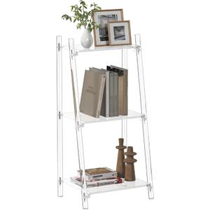 Small Acrylic Ladder Bookshelf, 3 Tier Clear Bookcase, Multipurpose Book Shelf for Living Room, Bathroom, Office, Modern, 11.6" D x 15.6" W x 32" H