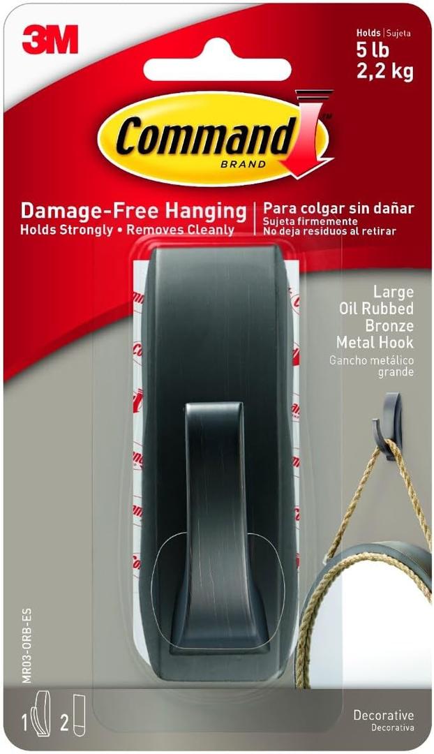 Command Large Modern Reflections Metal Hook, Holds up to 5 lb, Oil Rubbed Bronze, 1 Wall Hook with 2 Command Strips, Damage Free Hanging Hooks for Hanging Decorations in Living Spaces