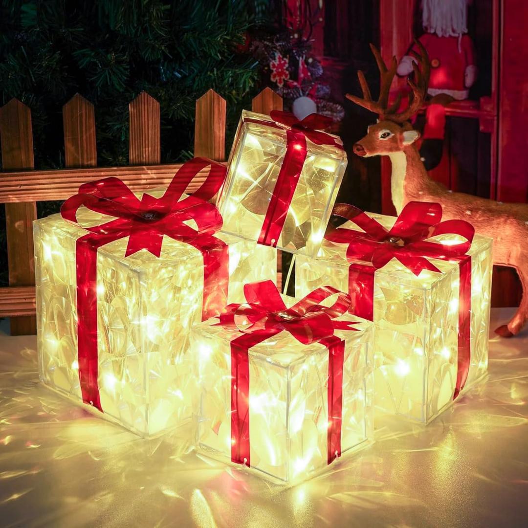 COVFEVER Christmas Lighted Gift Boxes, Pre-lit Lights Gift Boxes Set of 4, Light up Present Boxes Set Battery Operated with Different Sizes for Holiday Indoor Outdoor Decorations(Warm White)
