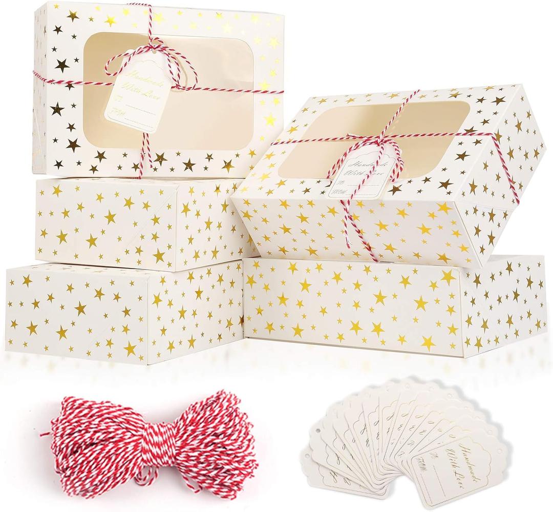 CHOUNYEE 24 PCS Christmas Cookie Boxes for Gift Giving, 9x6x3 Golden Star Christmas Treat Boxes with Window, Auto-Up Holiday Cookie Boxes,Baking Goods Packaging Box for Desserts, Mini Cake, Donuts