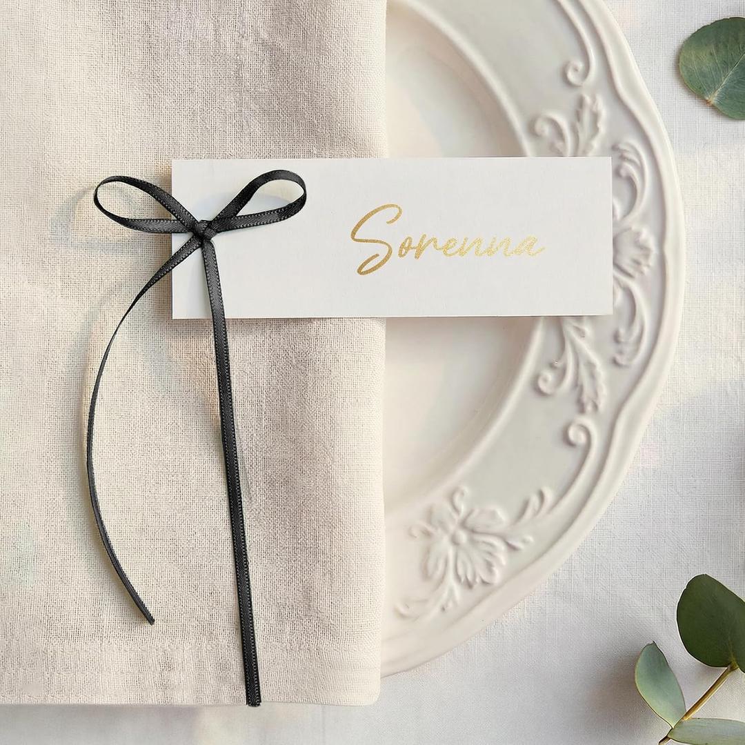 2 x UNIQOOO 50-Pack Black Bow Place Cards for Table Settings, Elegant Coquette Name Tags for Black-Tie Weddings, Formal Dinners, Graduation & Bachelor Parties, 4x1.5-Inch Pre-Cut Tags