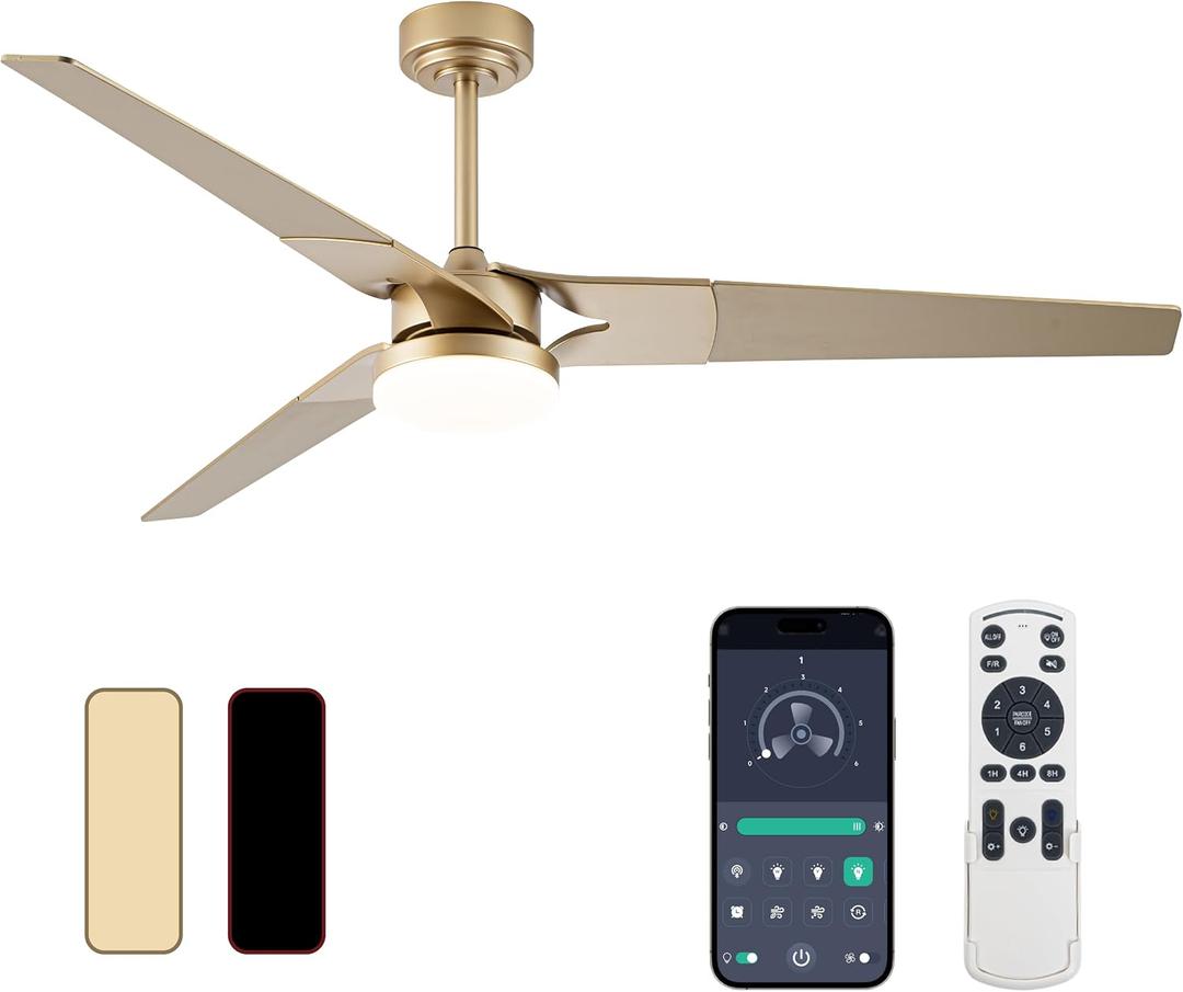 Ceiling Fan with Lights and Remote, 3 Blade App Control Timer Reversible Stepless Brightness and Color Temperature Outdoor Wood Ceiling Fan with Lights (Gold, 60 I)