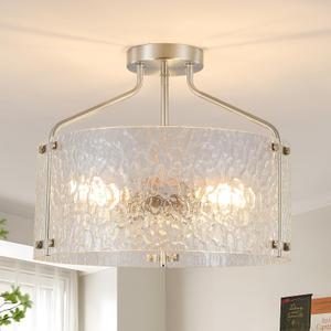 Semi Flush Mount Ceiling Light Fixture Glass Drum Chandelier Entryway Light Fixture 16''Brushed Nickel Flush Mount Ceiling Lights 3-Light Foyer lighting fixtures for Living Room Hallway Bedroom (Silver)