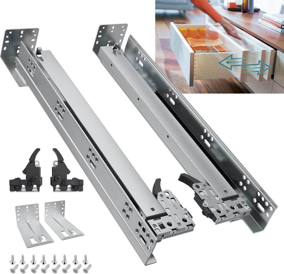 Soft Close and Push to Open Dual-Function Bottom Mount Drawer Slides Rails with Rear mounting Bracket Locking Devices Screws for Face Frame Or Frameless Application15 inch, 1 Pair