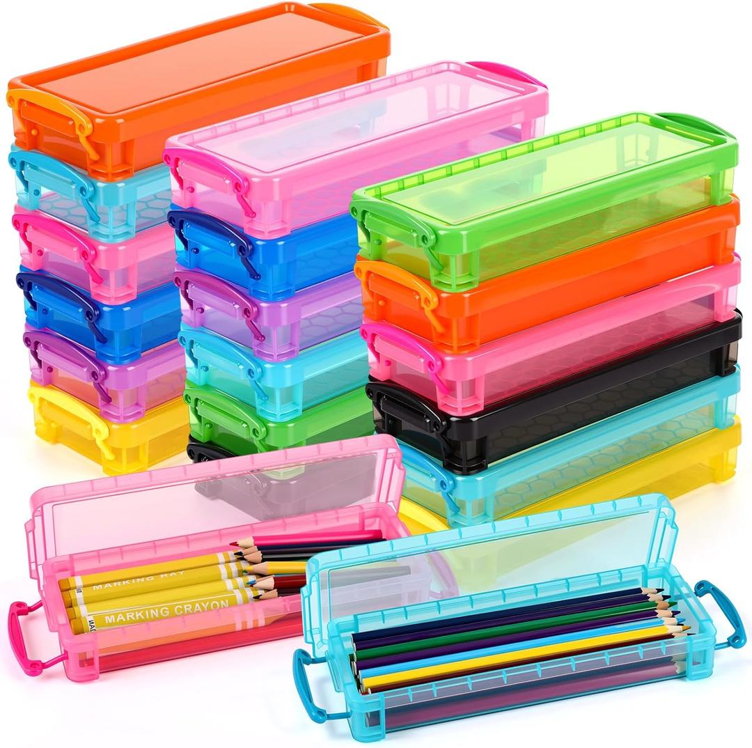 Glenmal 20 Packs Plastic Pencil Box Stackable Pencil Case Bulk Crayon Box with Snap Tight Lid Plastic Brush Painting Storage Organizer for School Office Home Supplies (Vibrant)