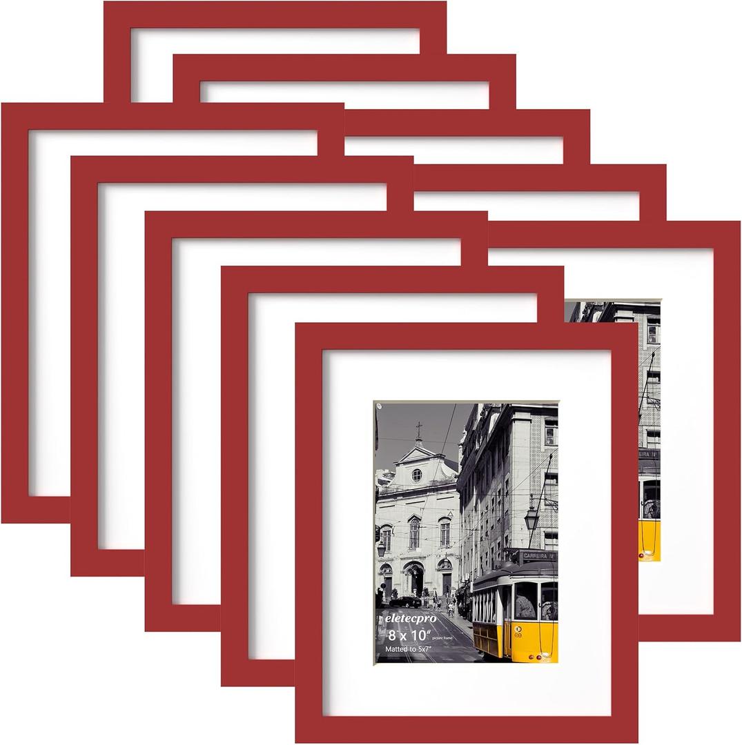 eletecpro 8x10 Picture Frames Set of 10, Picture Frame Collage Wall Decor Display 5x7 Photo With Mat or 8x10 without Mat, Home Decor Gallery Frame for Table Top or Wall Mounting, Red