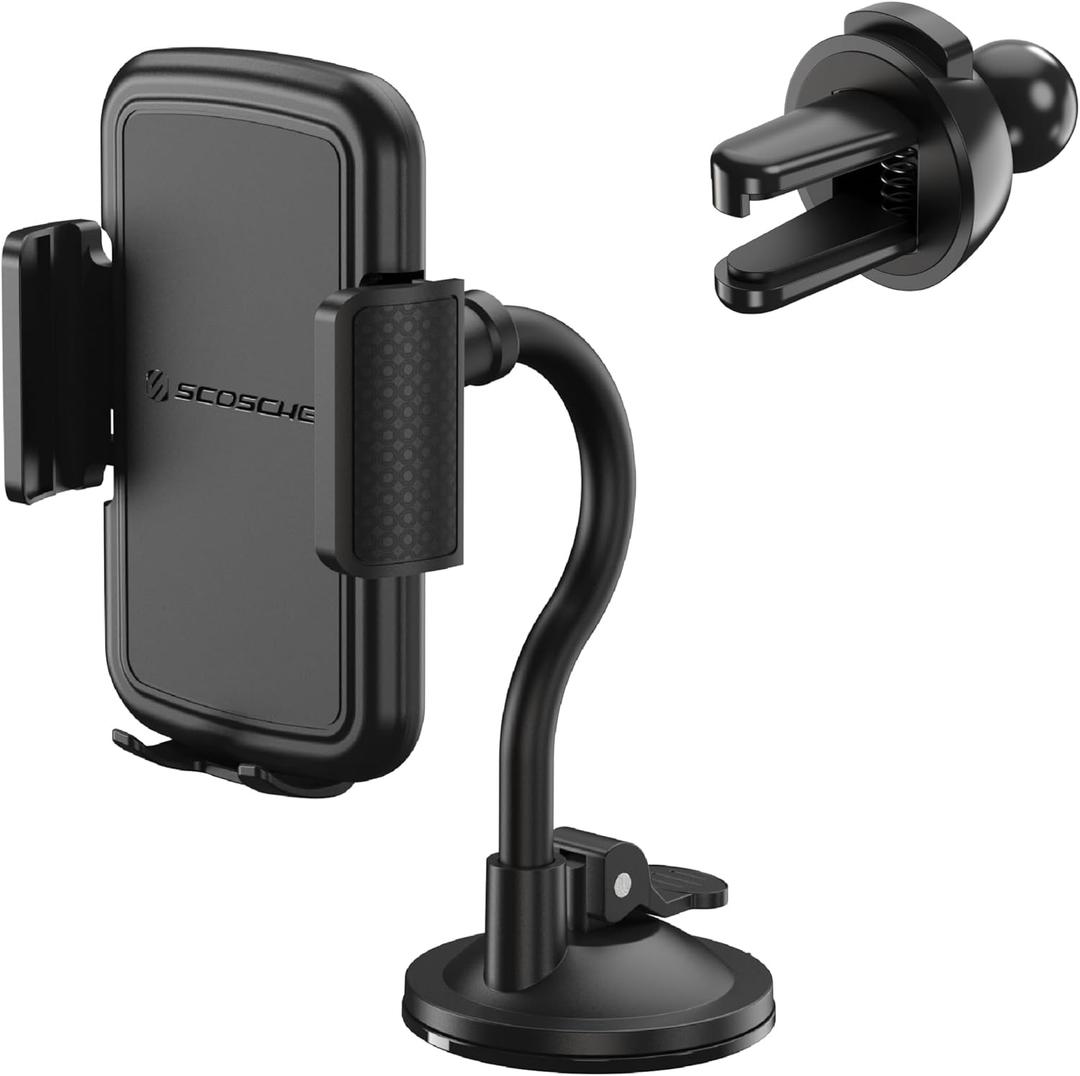 Scosche 4-in-1 Universal Suction Cup Cell Phone Holder for Car Vent/Dashboard/Console/Windshield, Adjustable Hands-Free Phone Car Mount, Cellphone Stand Compatible with iPhone 16/15/14/13/12 & Android