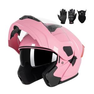 Adult Modular Motorcycle Helmets, DOT Approved Flip up Dual Visor Full Face Helmet for Men Women Moto ATV UTV Snowmobile ADV Four Wheeler Street Bike with Gloves & Mask, Medium, Pink