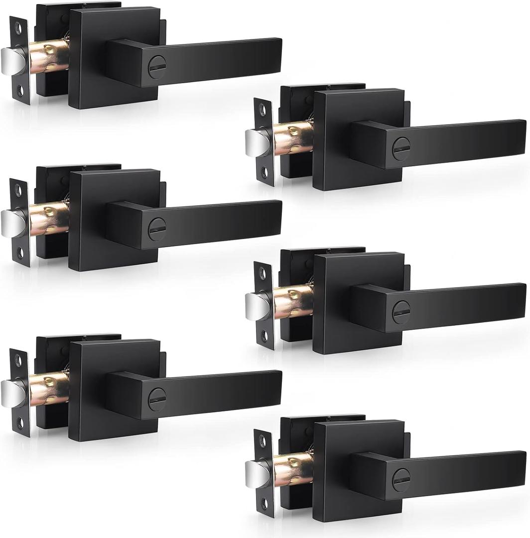 Probrico Heavy Duty Flat Black Square Privacy Interior Door Levers Bedroom and Bathroom Door Handles Keyless Bed/Bath Lockset (6 Pack)